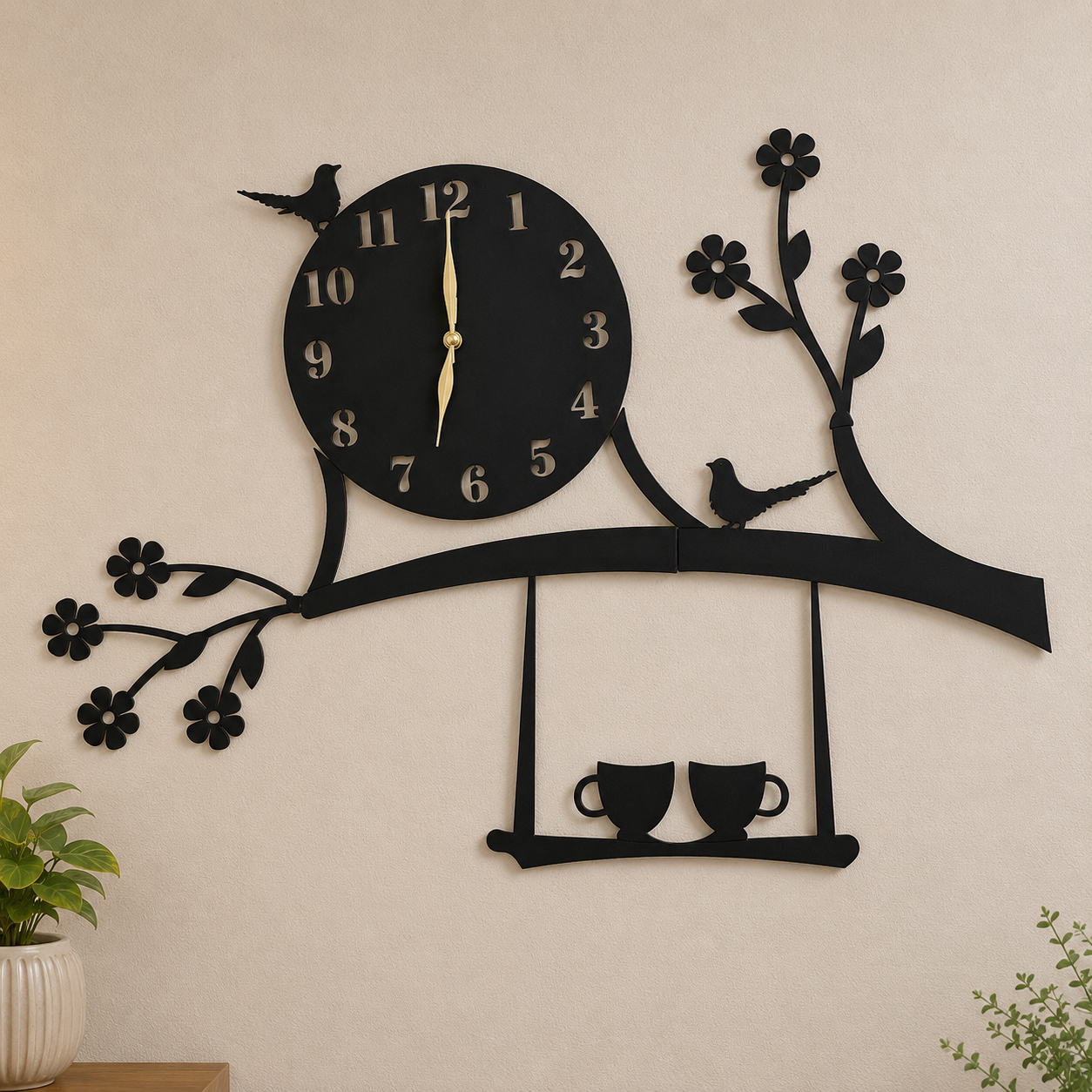 Large wooden hanging cups with tree branch clock