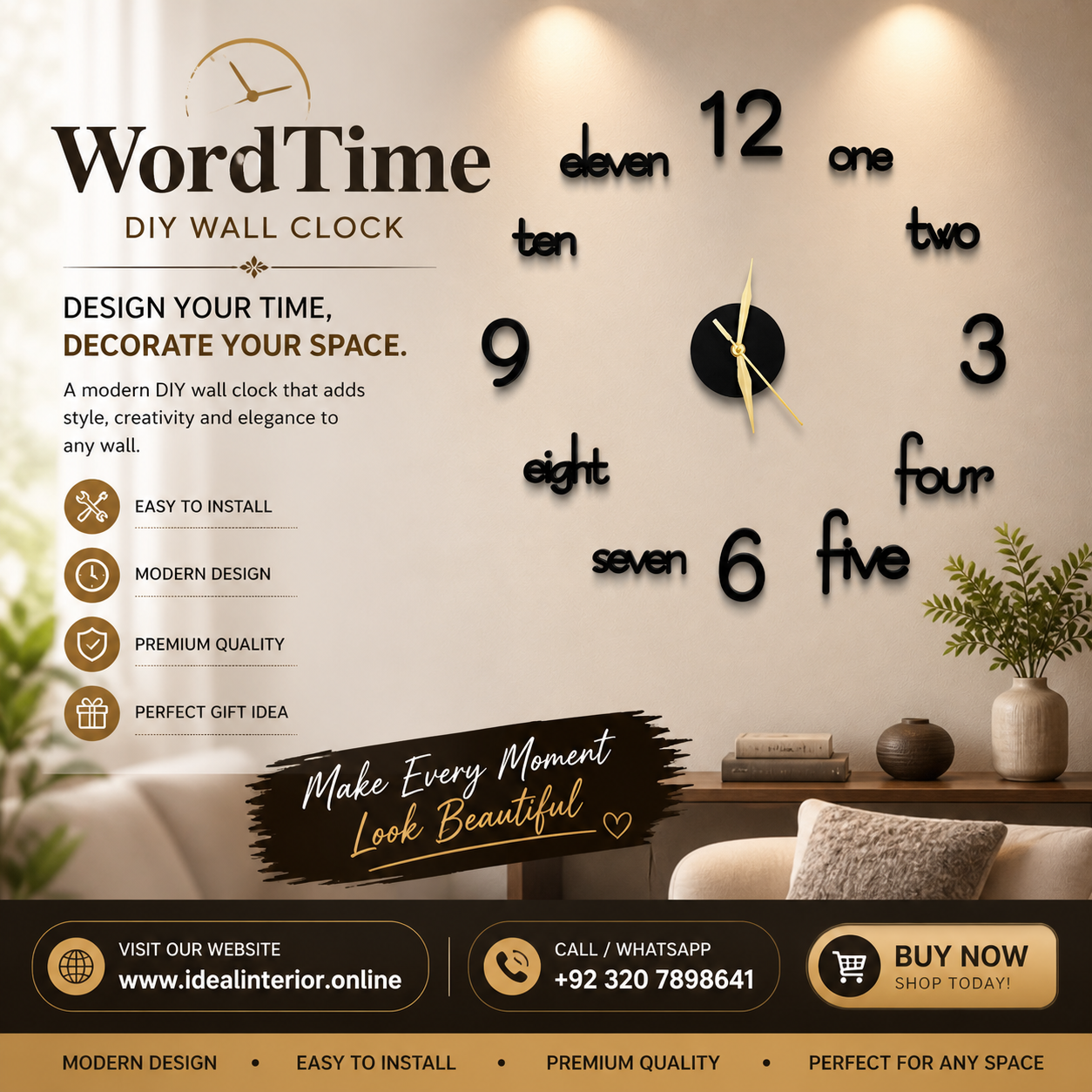 Alphabet and number wall clock wooden