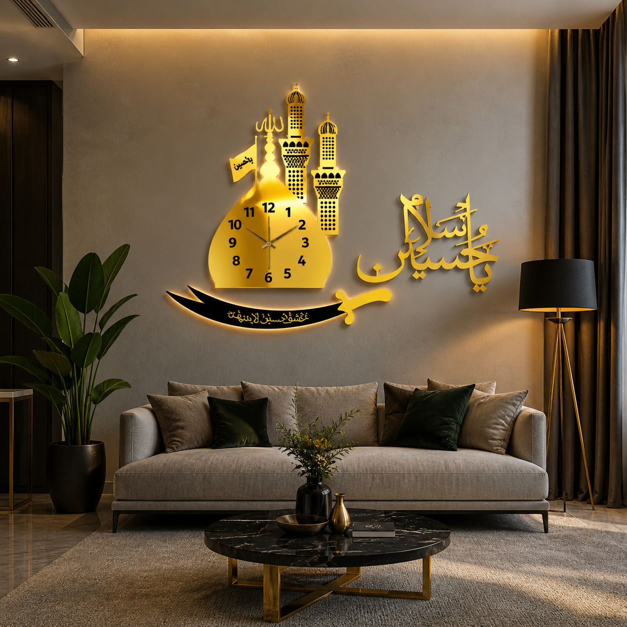 Salam Ya Hussain Wall Clock Acrylic Gold